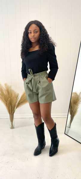 Nashville Faux Leather Tie Shorts Olive