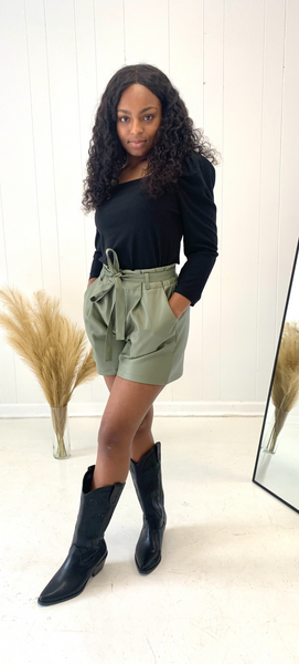 Nashville Faux Leather Tie Shorts Olive