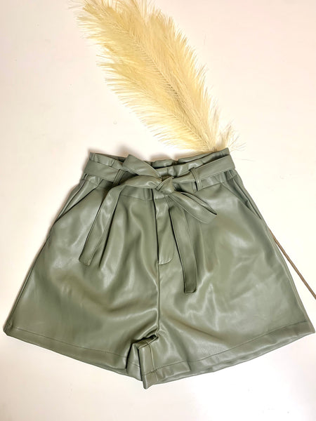 Nashville Faux Leather Tie Shorts Olive